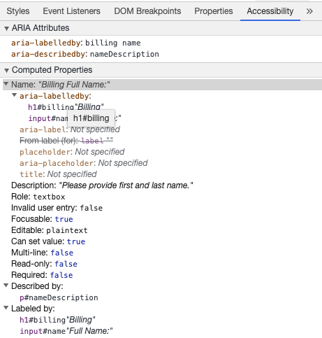 В инструментах разработки Chrome показывается имя из атрибута aria-labelledby вместе с описанием, полученным из атрибута aria-describedby